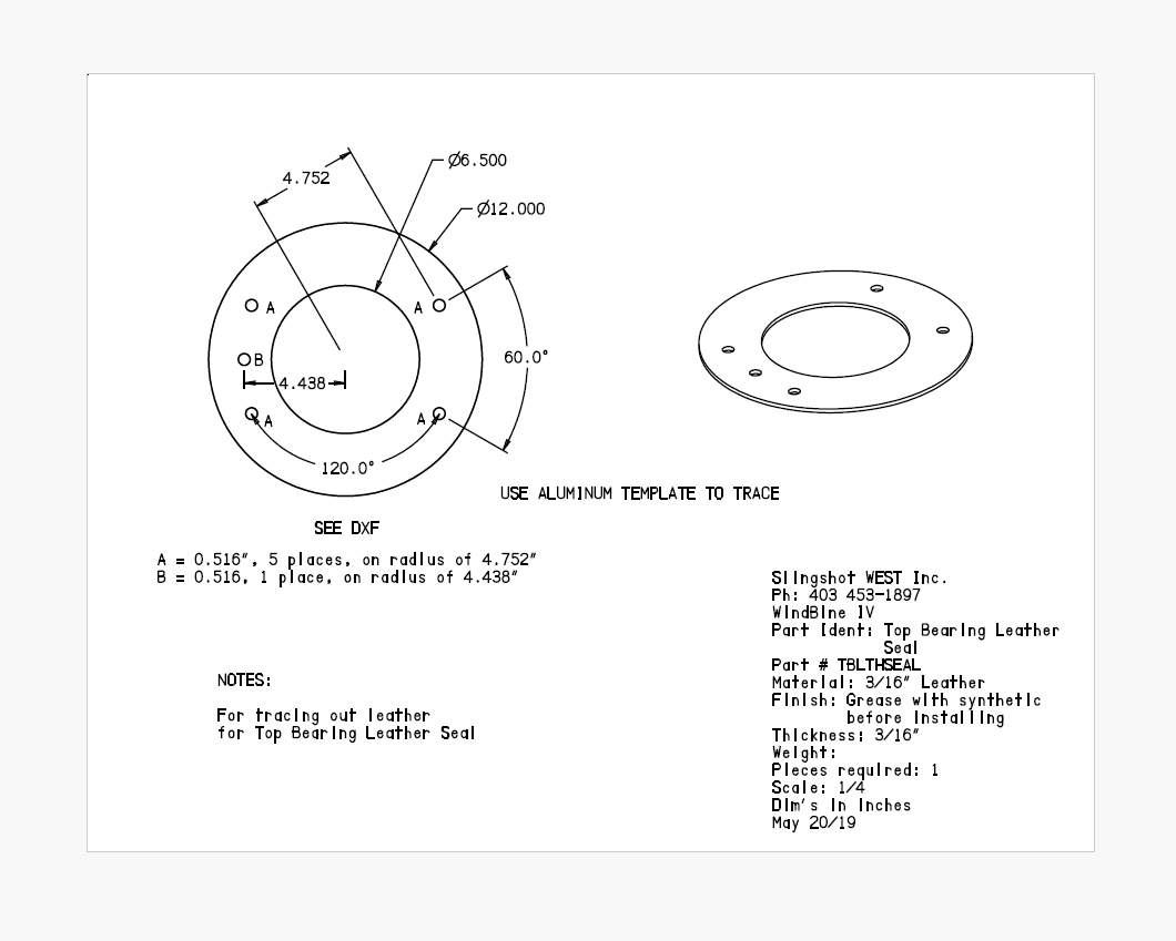 WindBine TM Top Bearing Leather Seal Template - Part #TBLTHSEALTEMPL